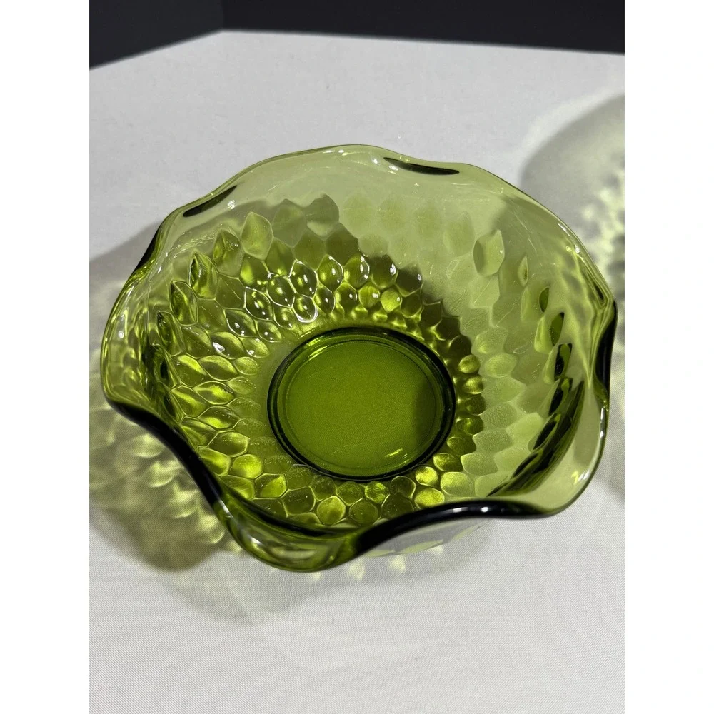 Vintage Indiana Glass Avocado Green Diamond Point Ruffled Serving Bowl Set of 2